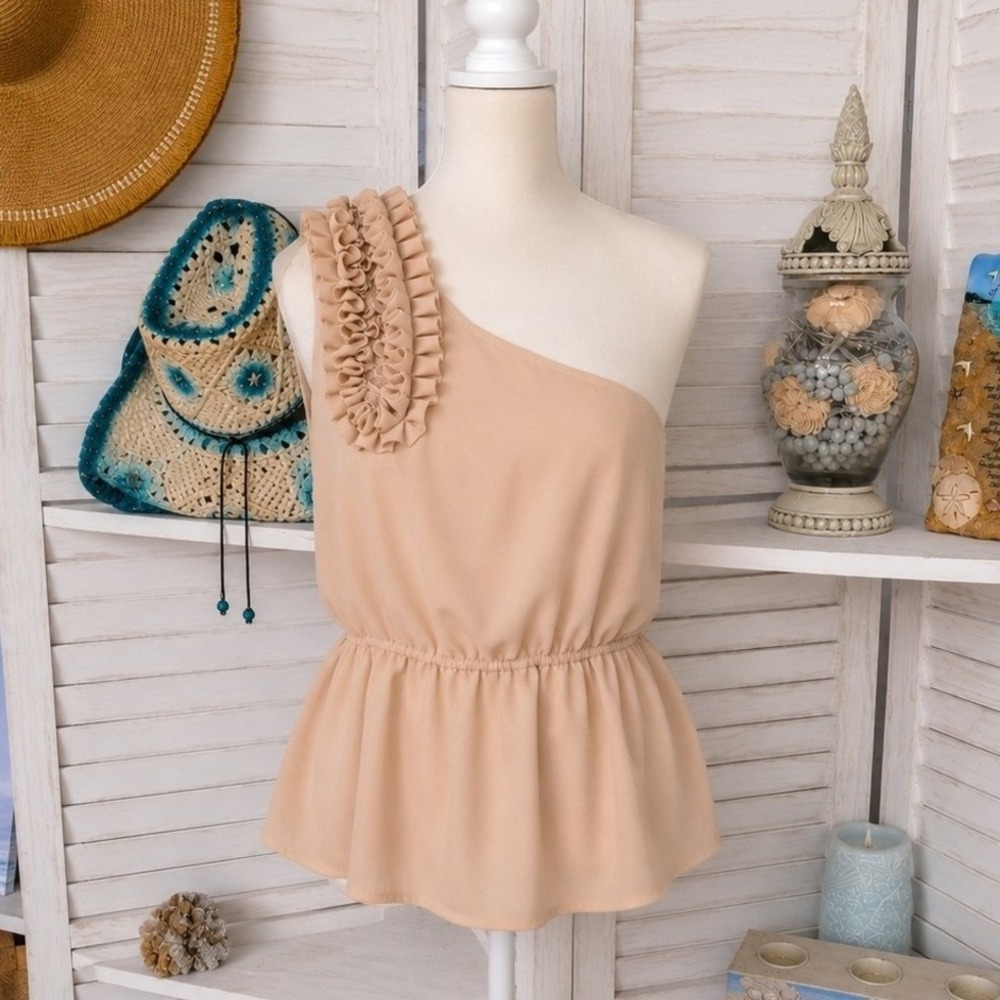 Forever 21 Nude One Shoulder Ruffle Top Size Large Boho Peplum Blouse